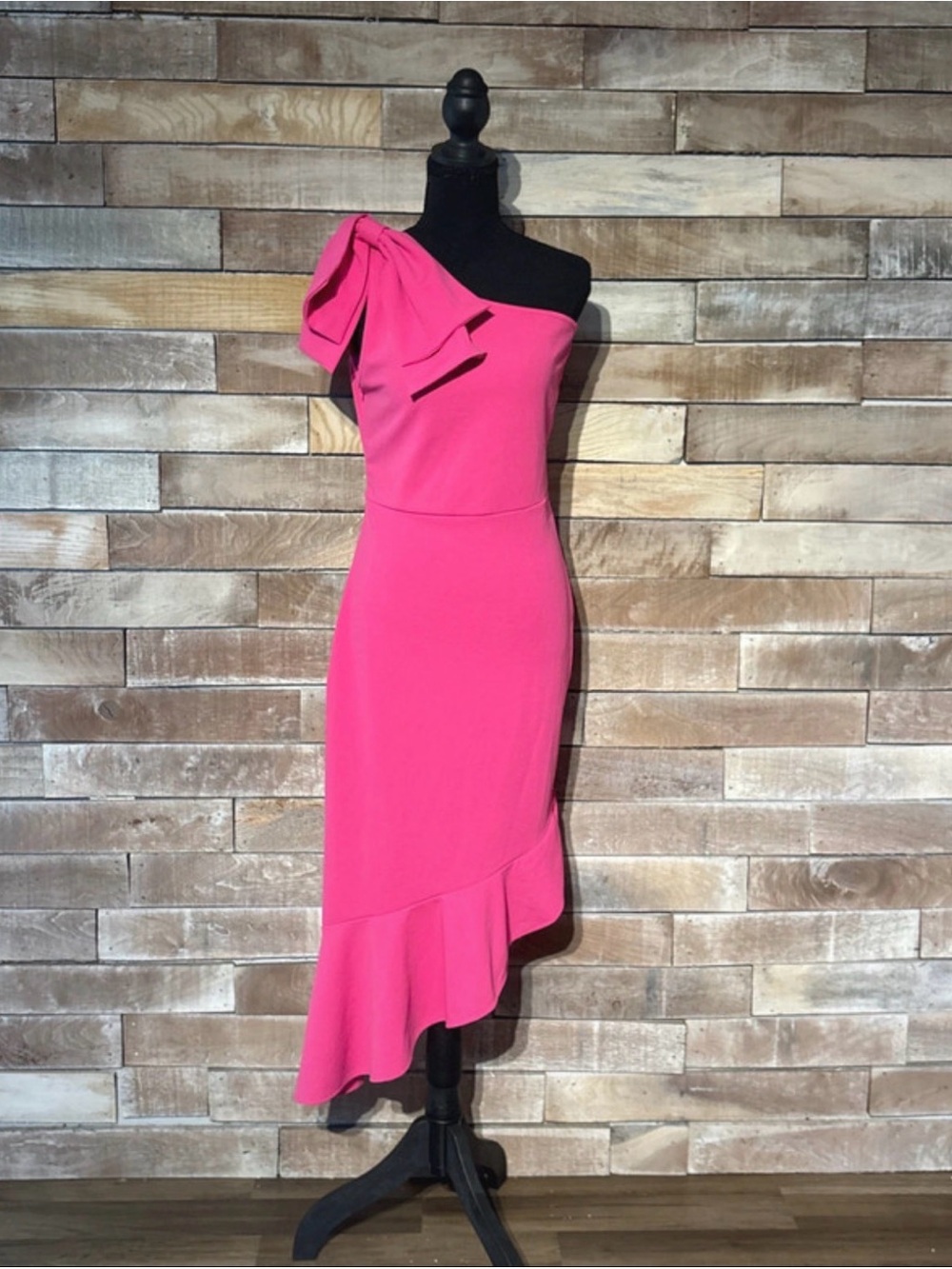 Anrabess Fuchsia Pink One Shoulder Ruffle Hem Cocktail Midi Dress Medium M NWT